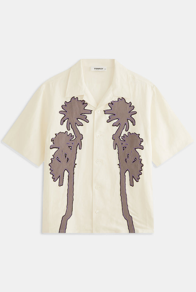 Relaxed Silk Linen Short Sleeve Shirt - Natural White/Cactus Stamp Applique