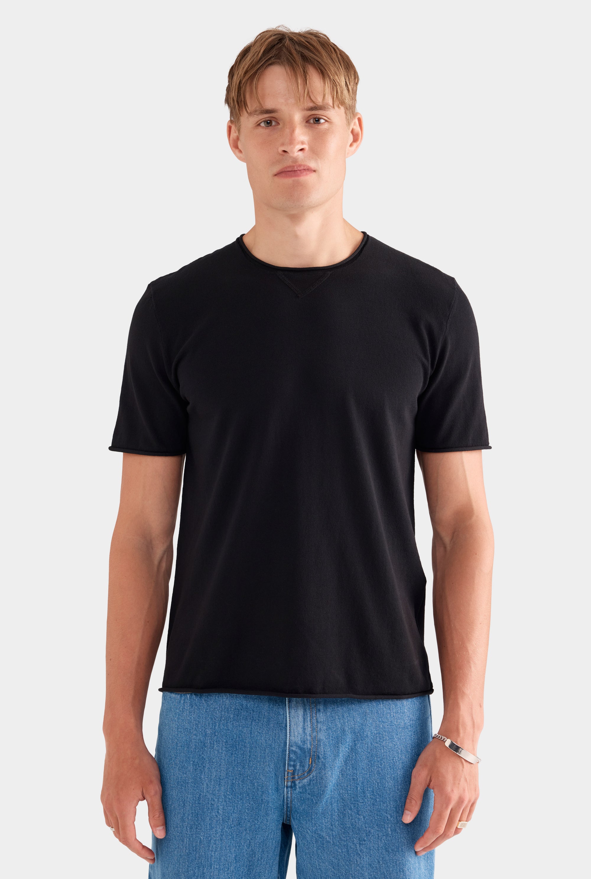 Rolled Edge Cotton Knit T-Shirt - Black