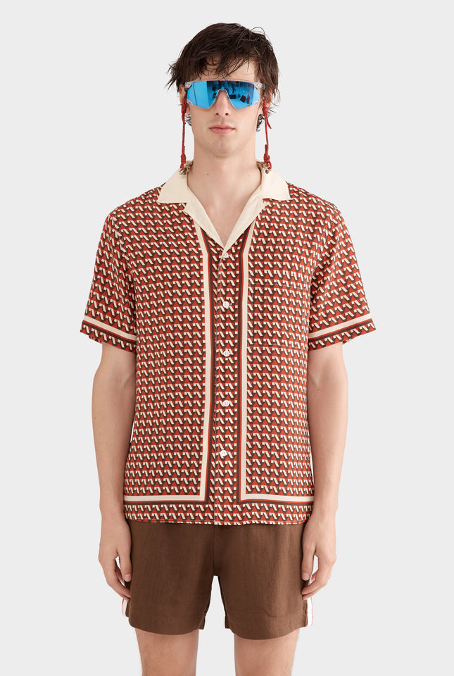 Flat Hem Short Sleeve Silk Camp Collar Shirt - Cocoa/Red V Monogram