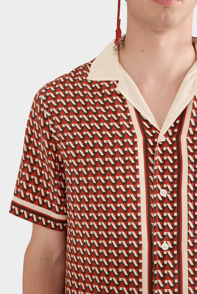 Flat Hem Short Sleeve Silk Camp Collar Shirt - Cocoa/Red V Monogram