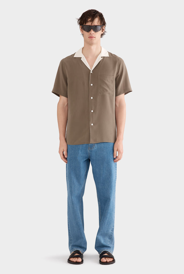 Flat Hem Short Sleeve Silk Camp Collar Shirt - Olive/Cream