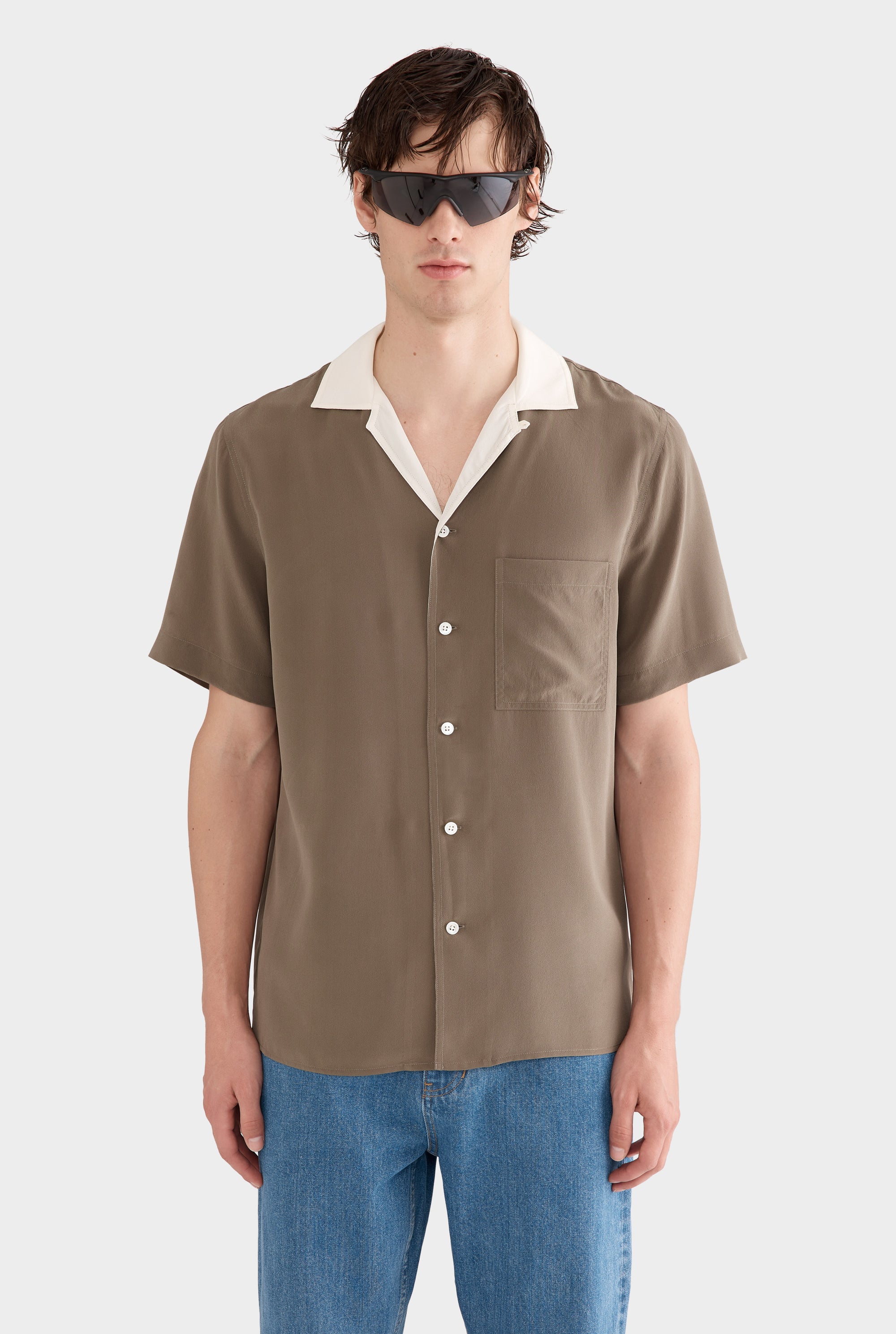 Flat Hem Short Sleeve Silk Camp Collar Shirt - Olive/Cream