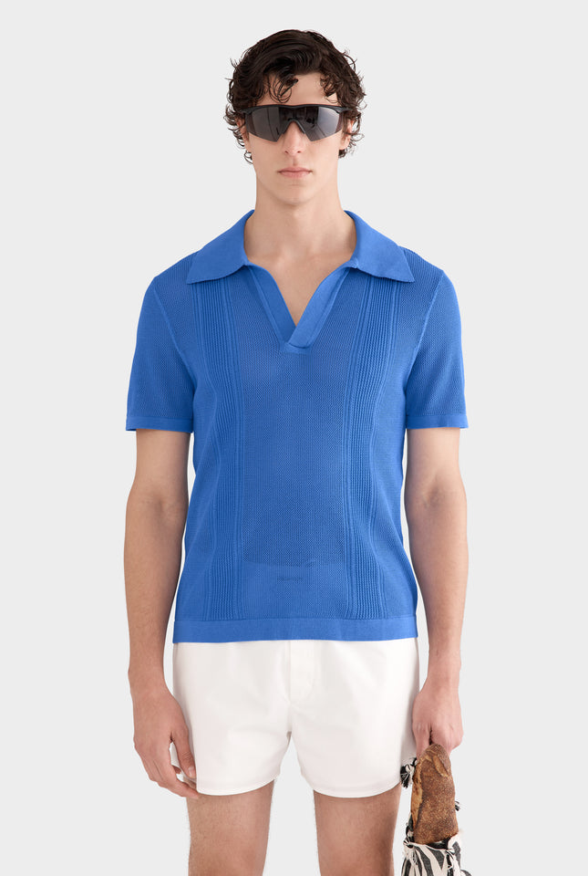 Knitted Cotton Pique Open Neck Polo - Regatta Blue