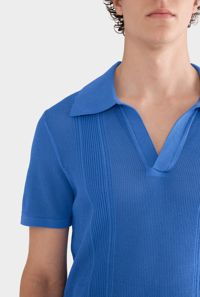 Knitted Cotton Pique Open Neck Polo - Regatta Blue