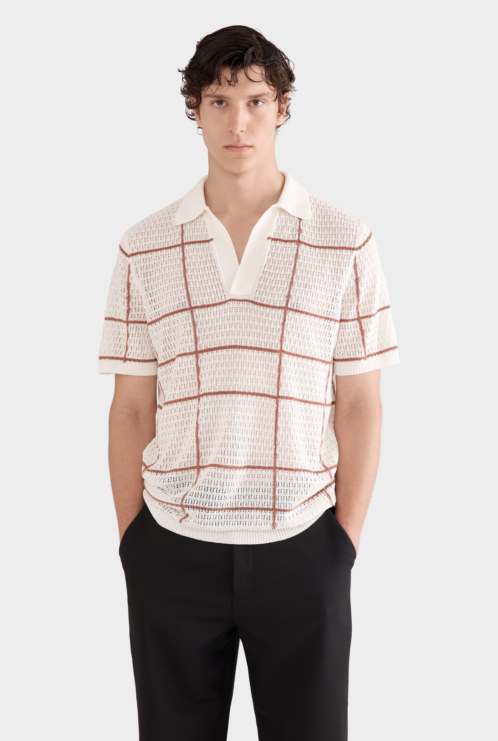 Knitted Crochet Check Open Neck Polo - Off White/Clay