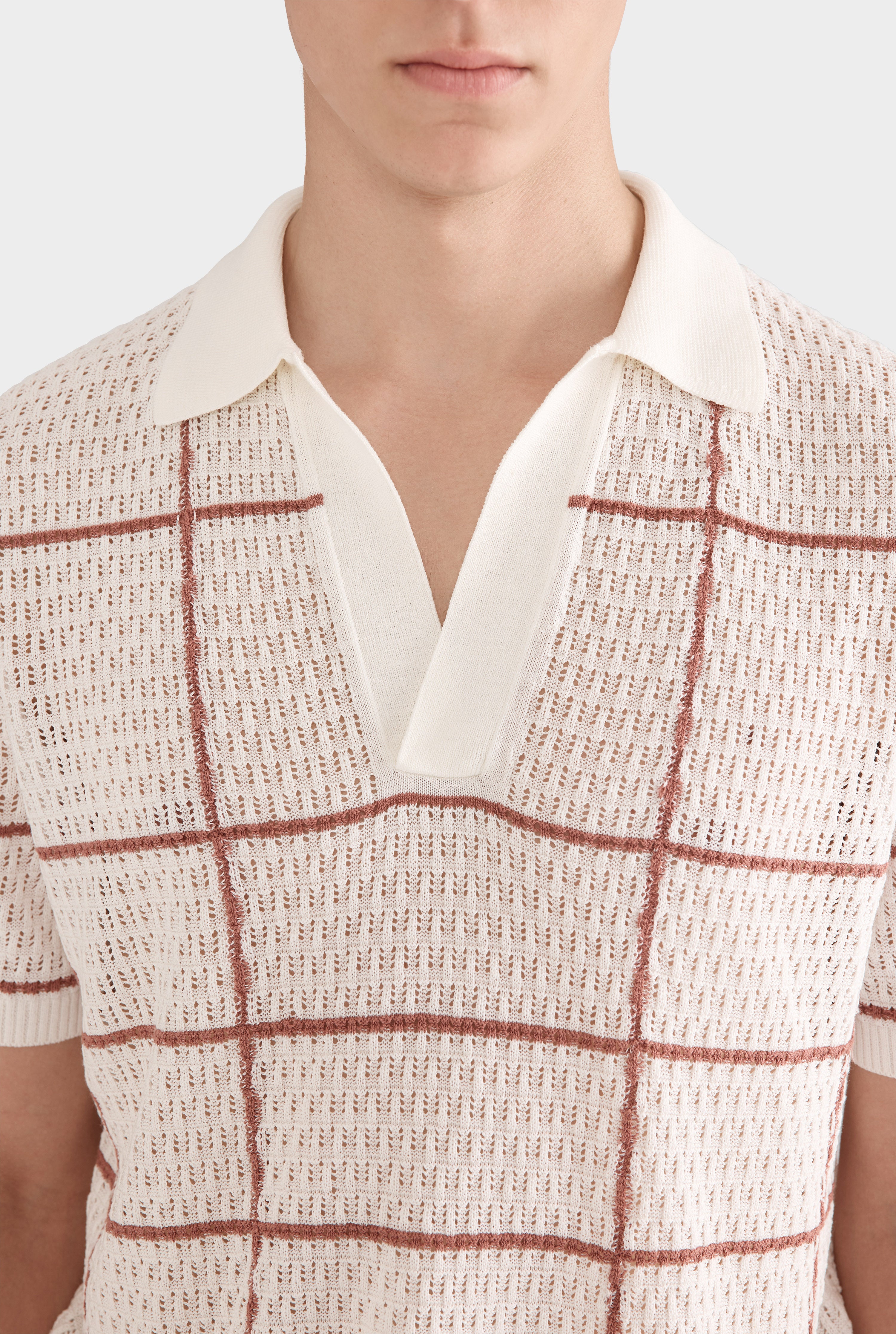 Knitted Crochet Check Open Neck Polo - Off White/Clay