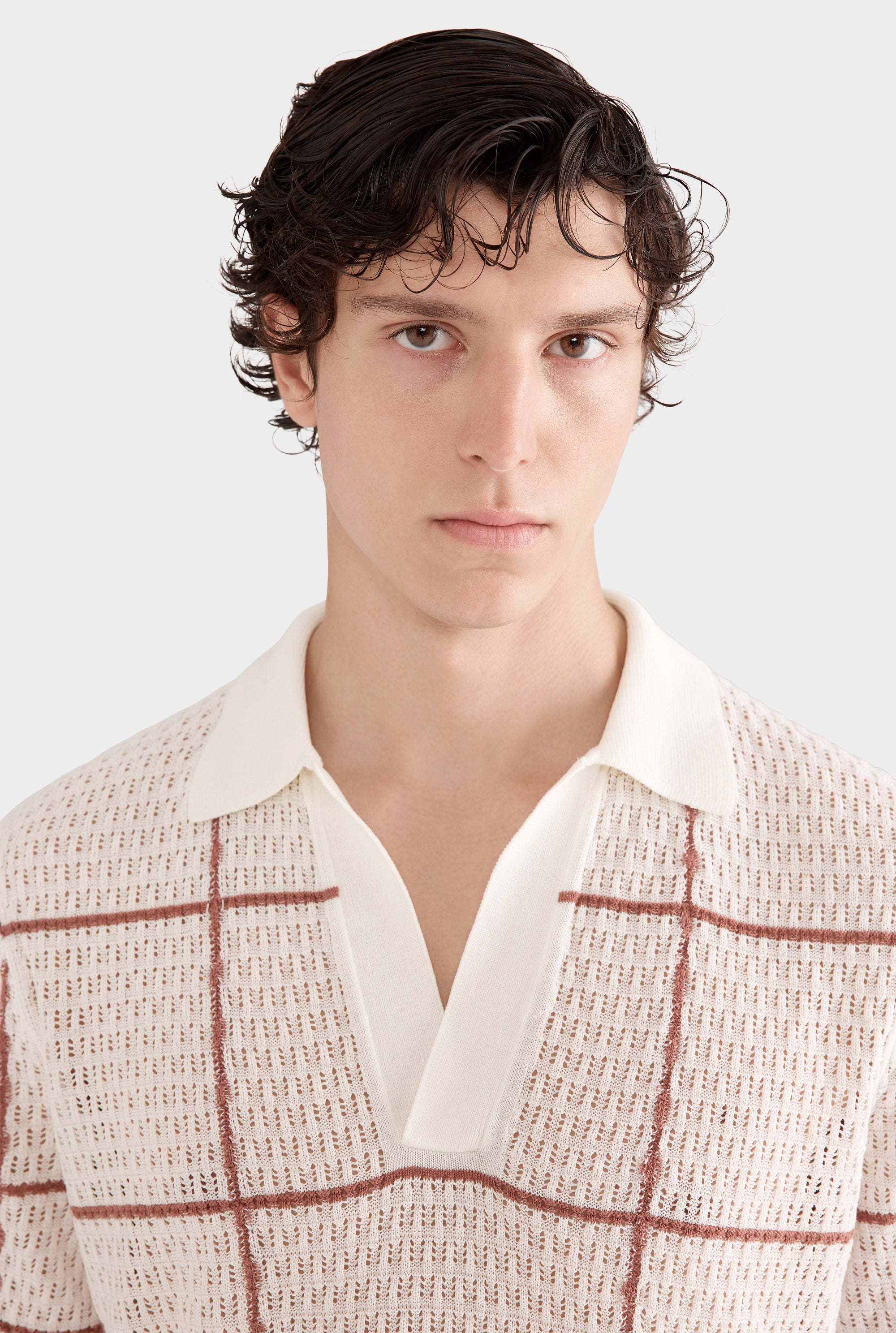 Knitted Crochet Check Open Neck Polo - Off White/Clay