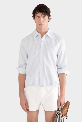 Long Sleeve Drawcord Hem Shirt - Light Blue/White Stripe