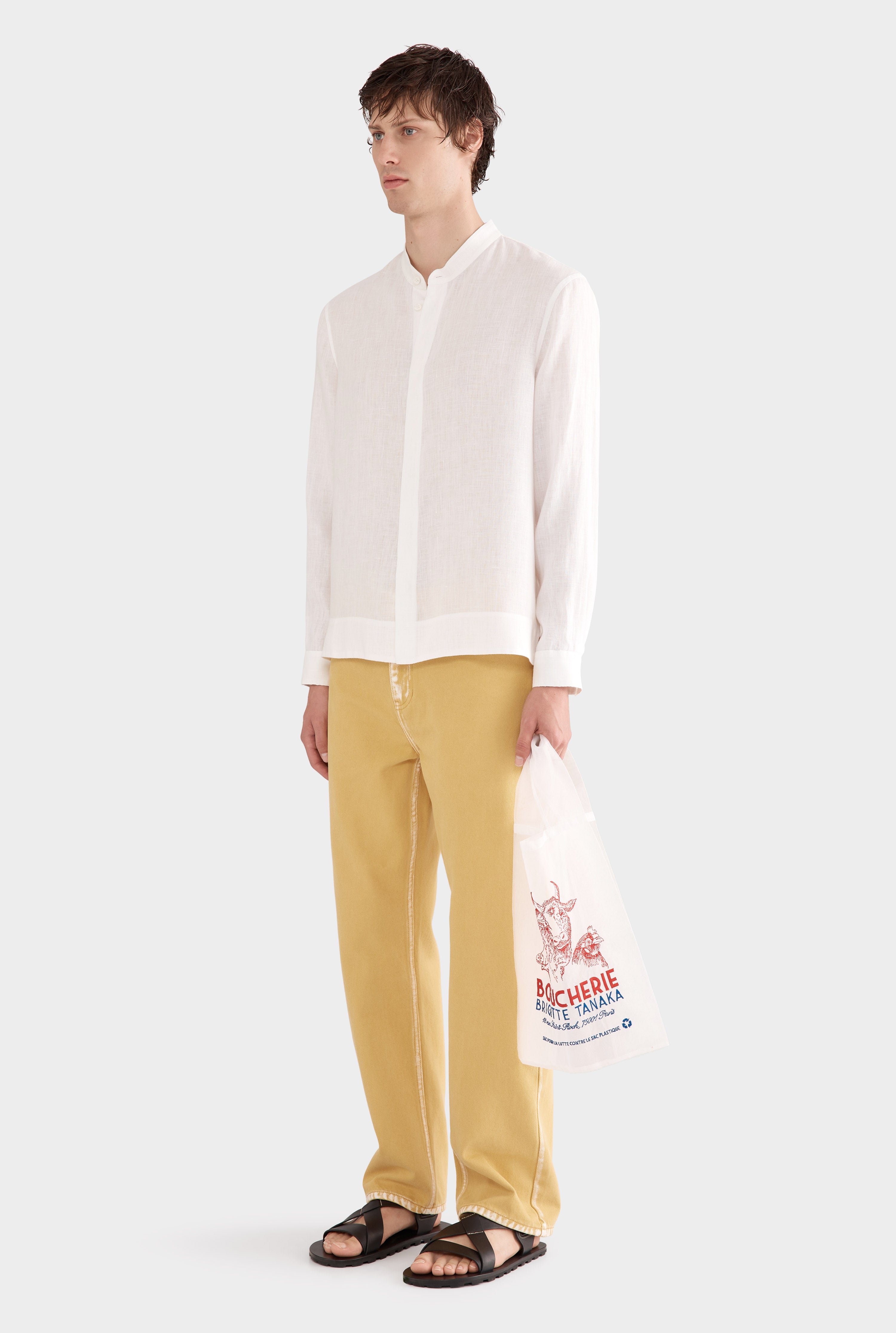 Linen Grandad Collar Shirt - White