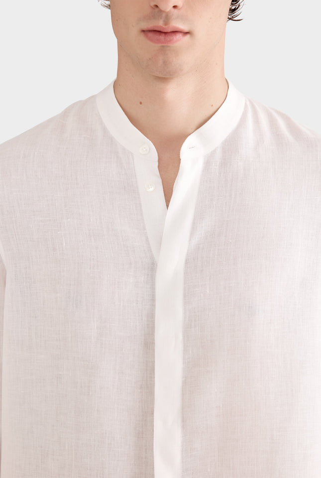 Linen Grandad Collar Shirt - White