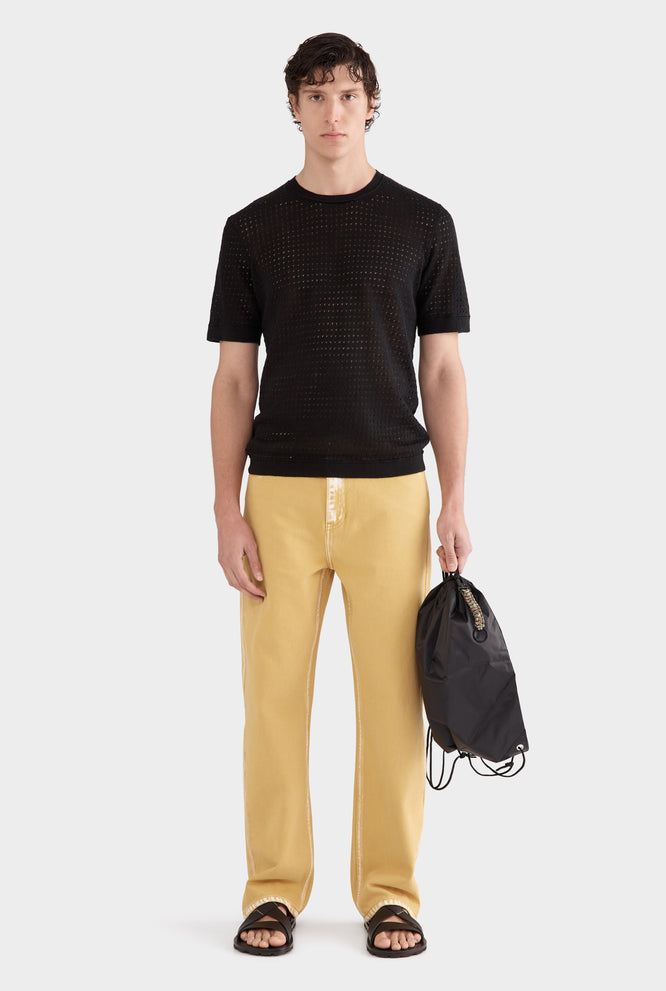 Linen Raw Edge Detail Knit T-Shirt - Black