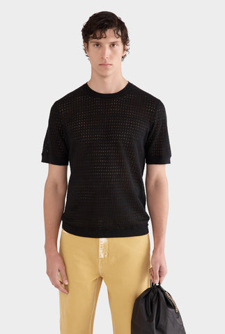 Linen Raw Edge Detail Knit T-Shirt - Black