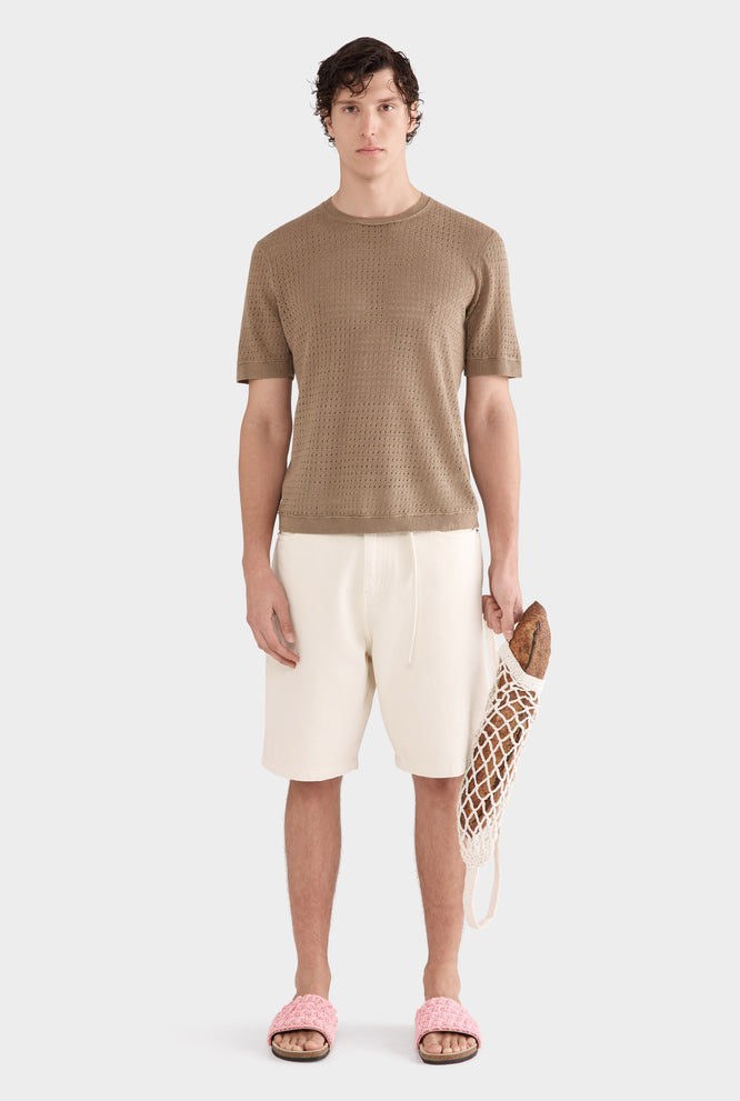 Linen Raw Edge Detail Knit T-Shirt - Sepia