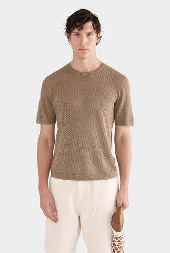 Linen Raw Edge Detail Knit T-Shirt - Sepia