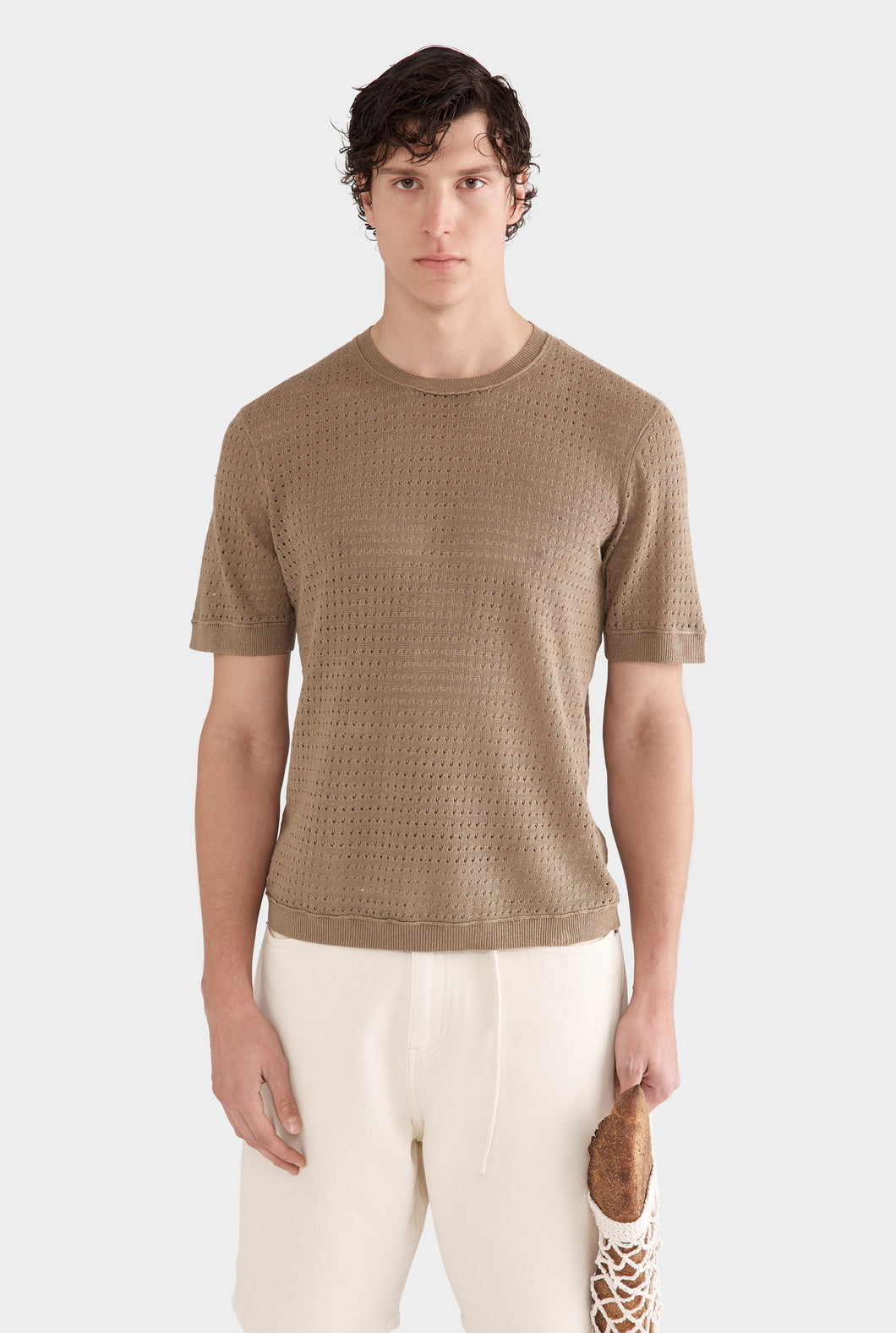 Linen Raw Edge Detail Knit T-Shirt - Sepia