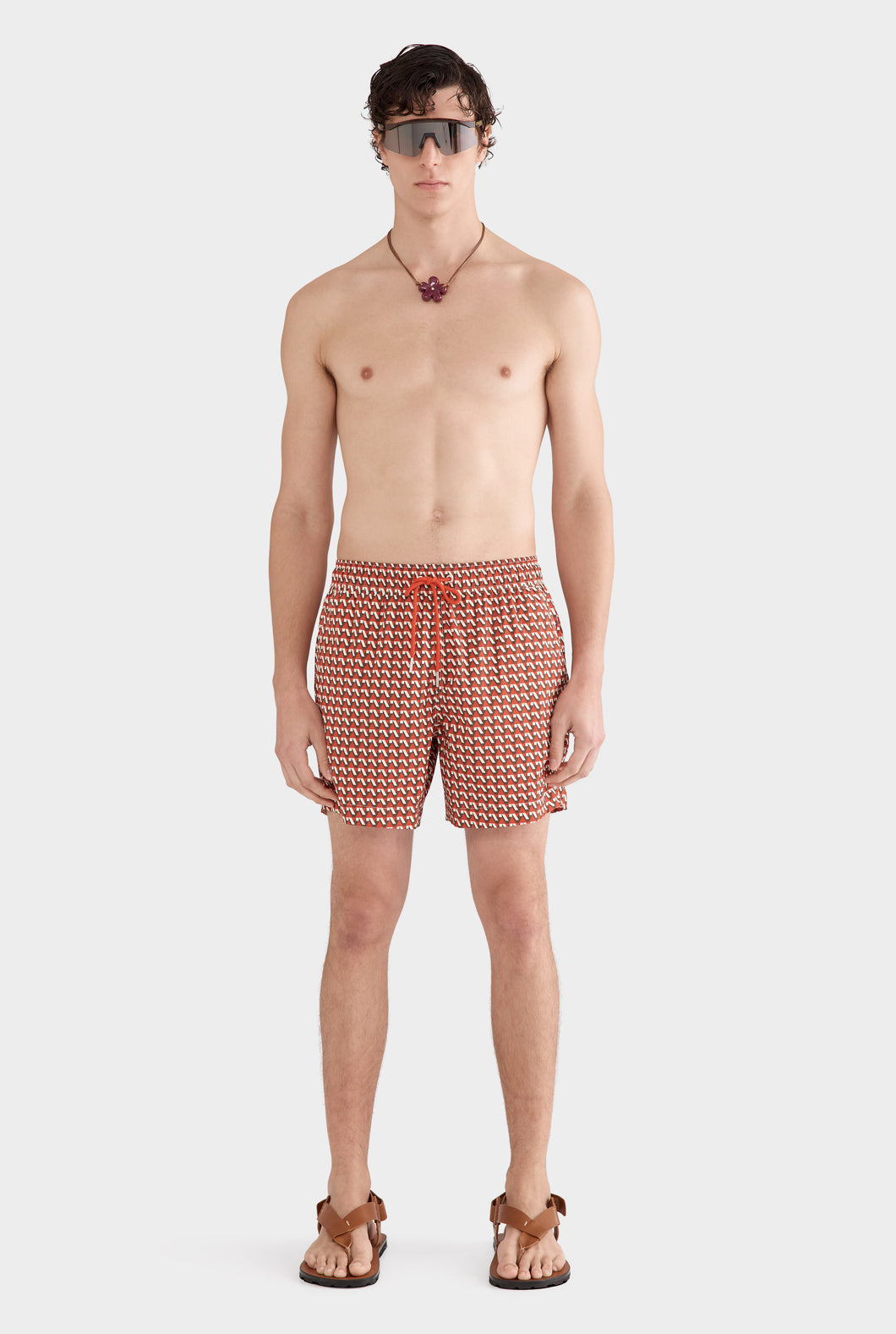 Printed Swim Short - Cocoa/Red V Monogram