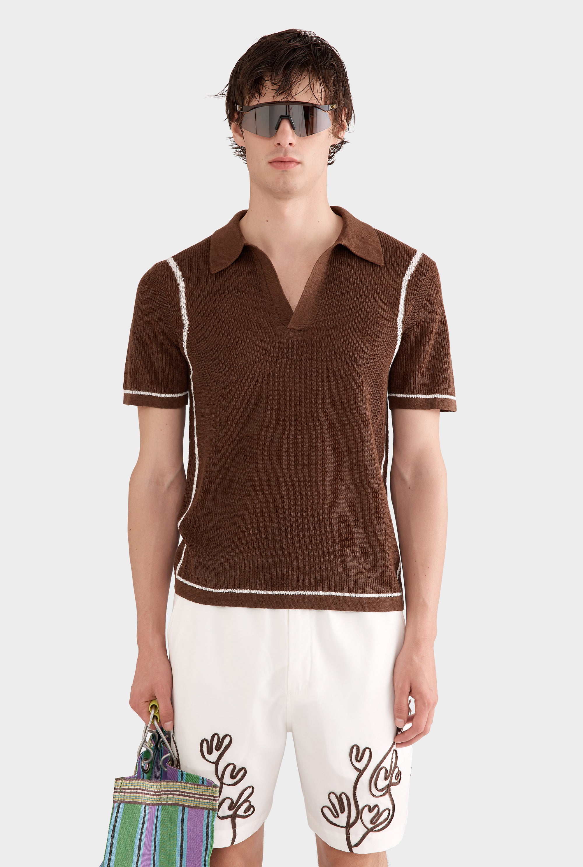 Rib Knit Open Neck Polo - Cocoa/Off White Border