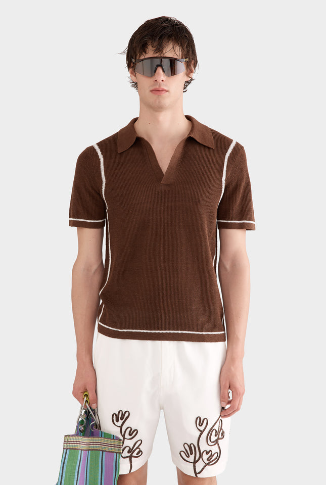 Rib Knit Open Neck Polo - Cocoa/Off White Border