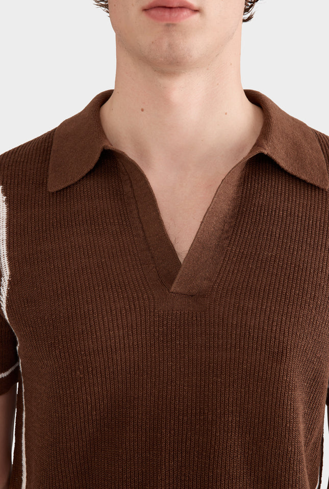 Rib Knit Open Neck Polo - Cocoa/Off White Border