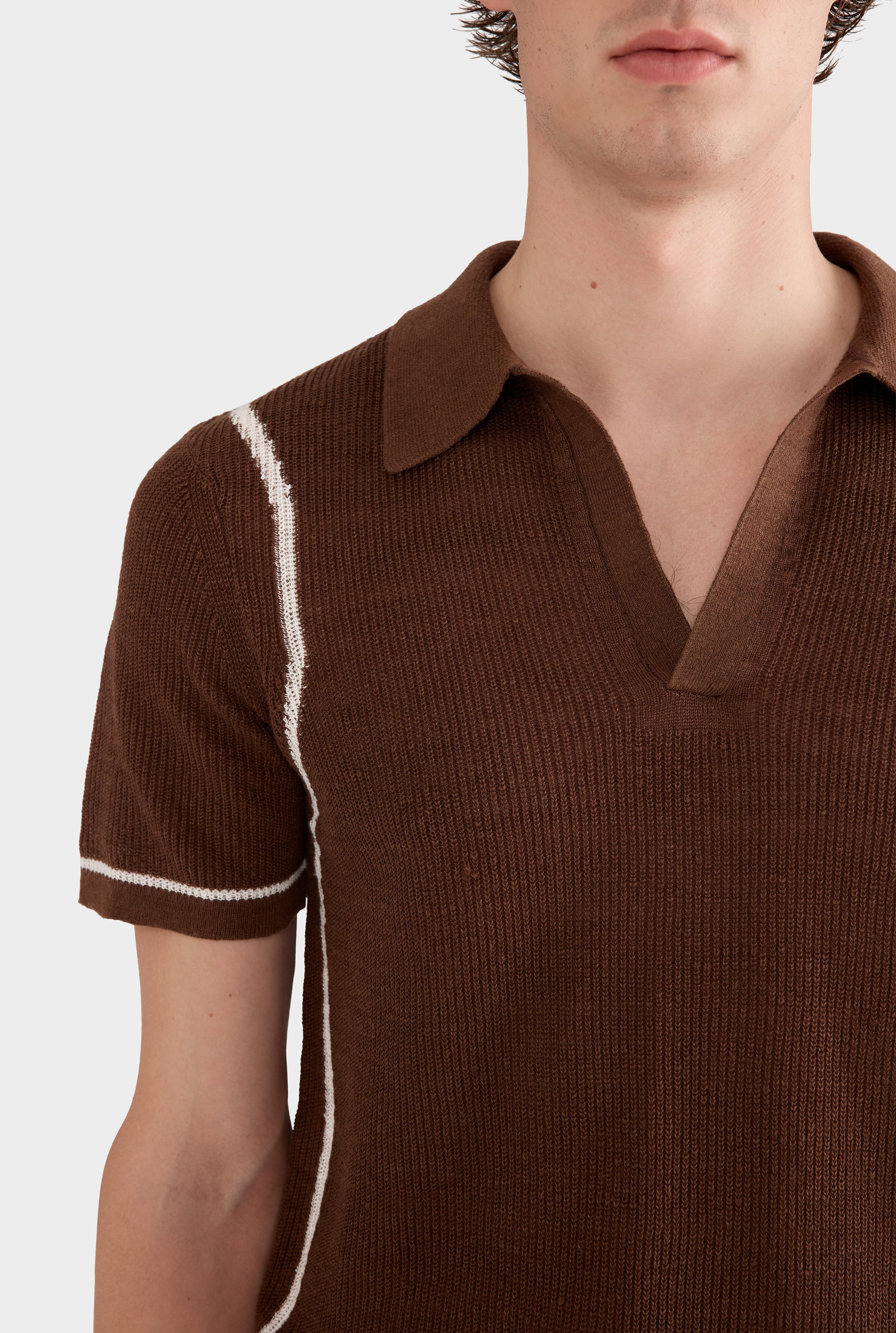 Rib Knit Open Neck Polo - Cocoa/Off White Border