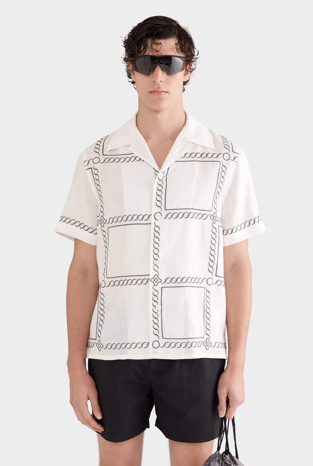 Short Sleeve Embroidered Camp Collar Shirt - Off White