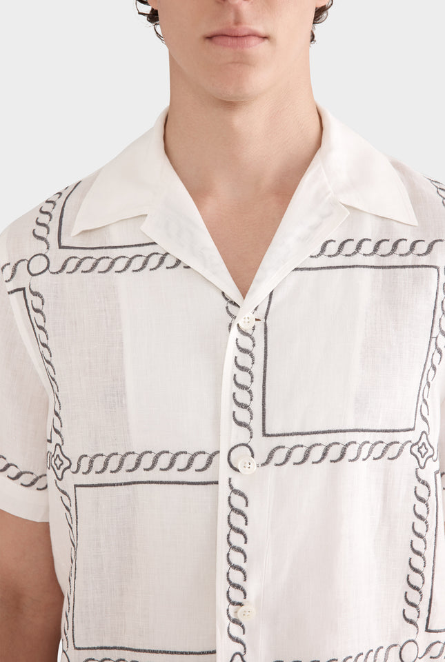 Short Sleeve Embroidered Camp Collar Shirt - Off White