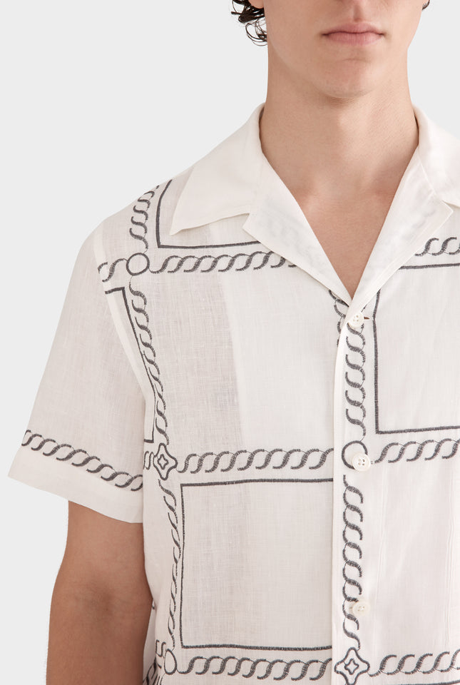 Short Sleeve Embroidered Camp Collar Shirt - Off White