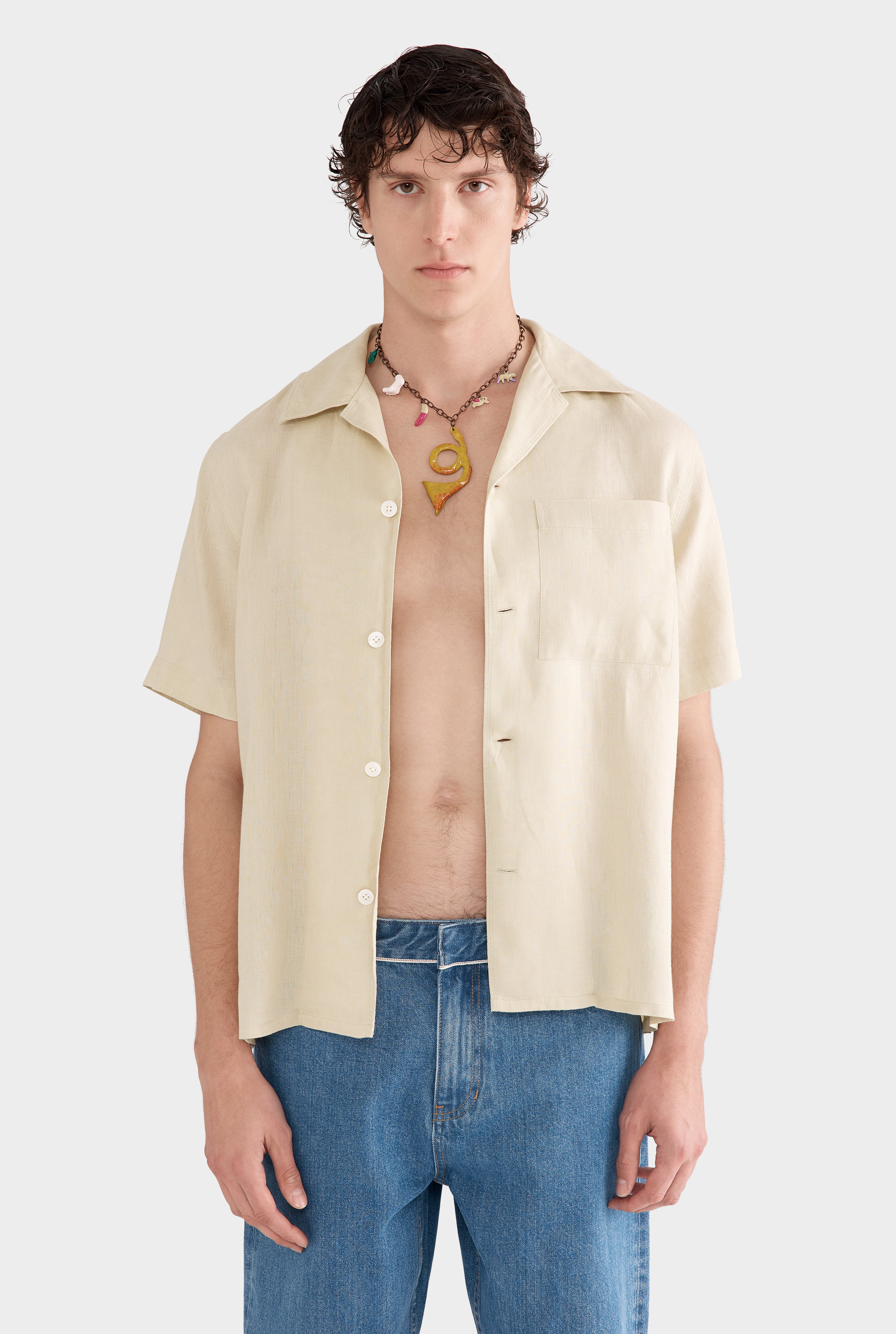 Short Sleeve Linen Camp Collar Shirt - Green Haze