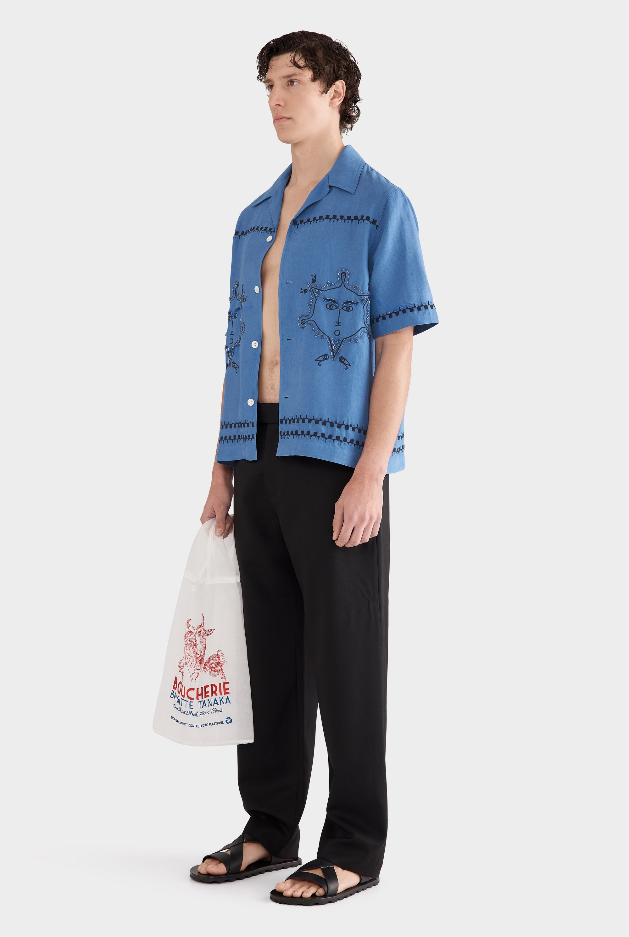 Silk Linen Beaded Boxy Camp Collar Shirt - Regatta Blue