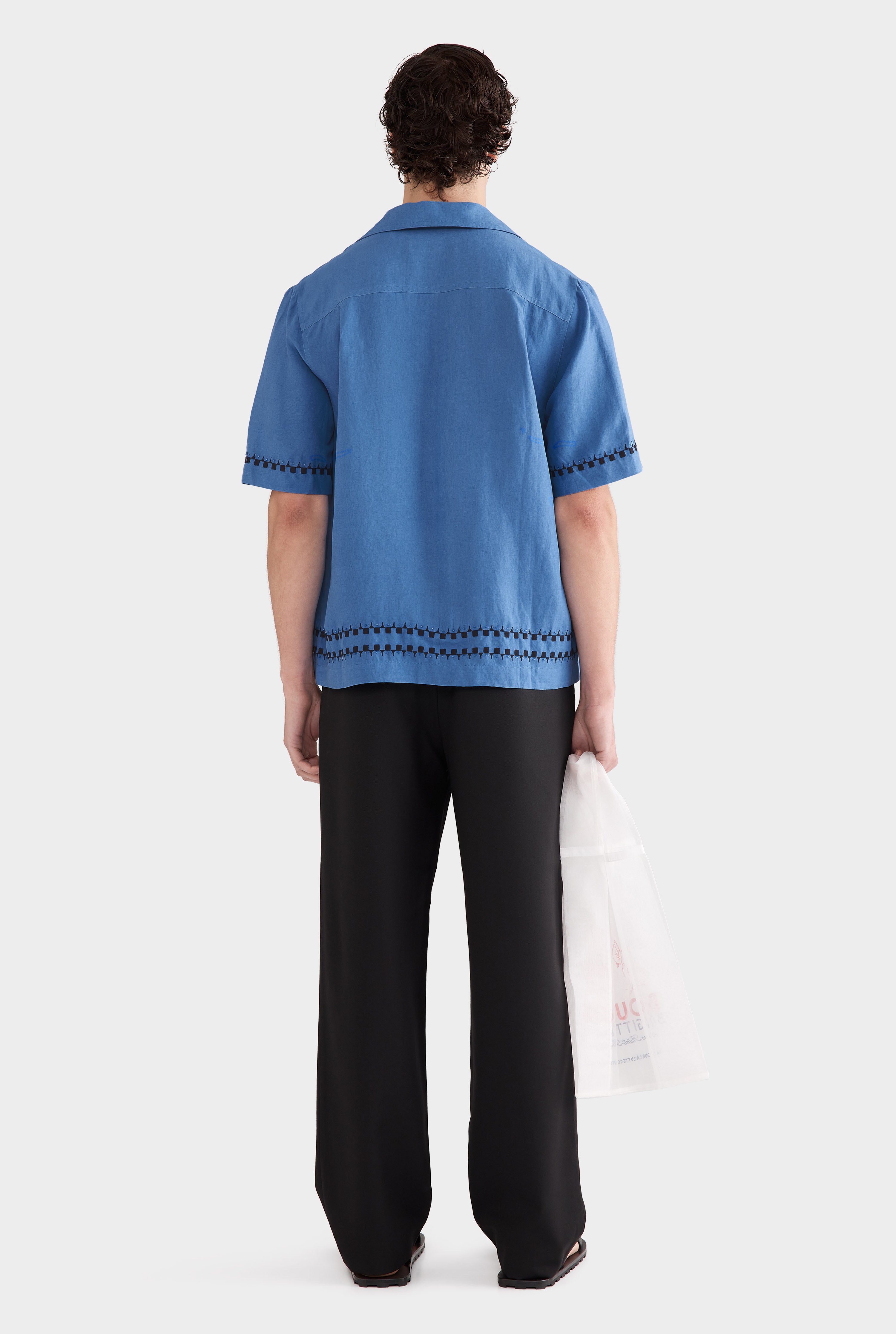 Silk Linen Beaded Boxy Camp Collar Shirt - Regatta Blue