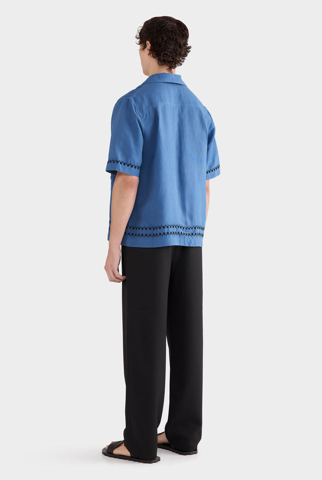 Silk Linen Beaded Boxy Camp Collar Shirt - Regatta Blue