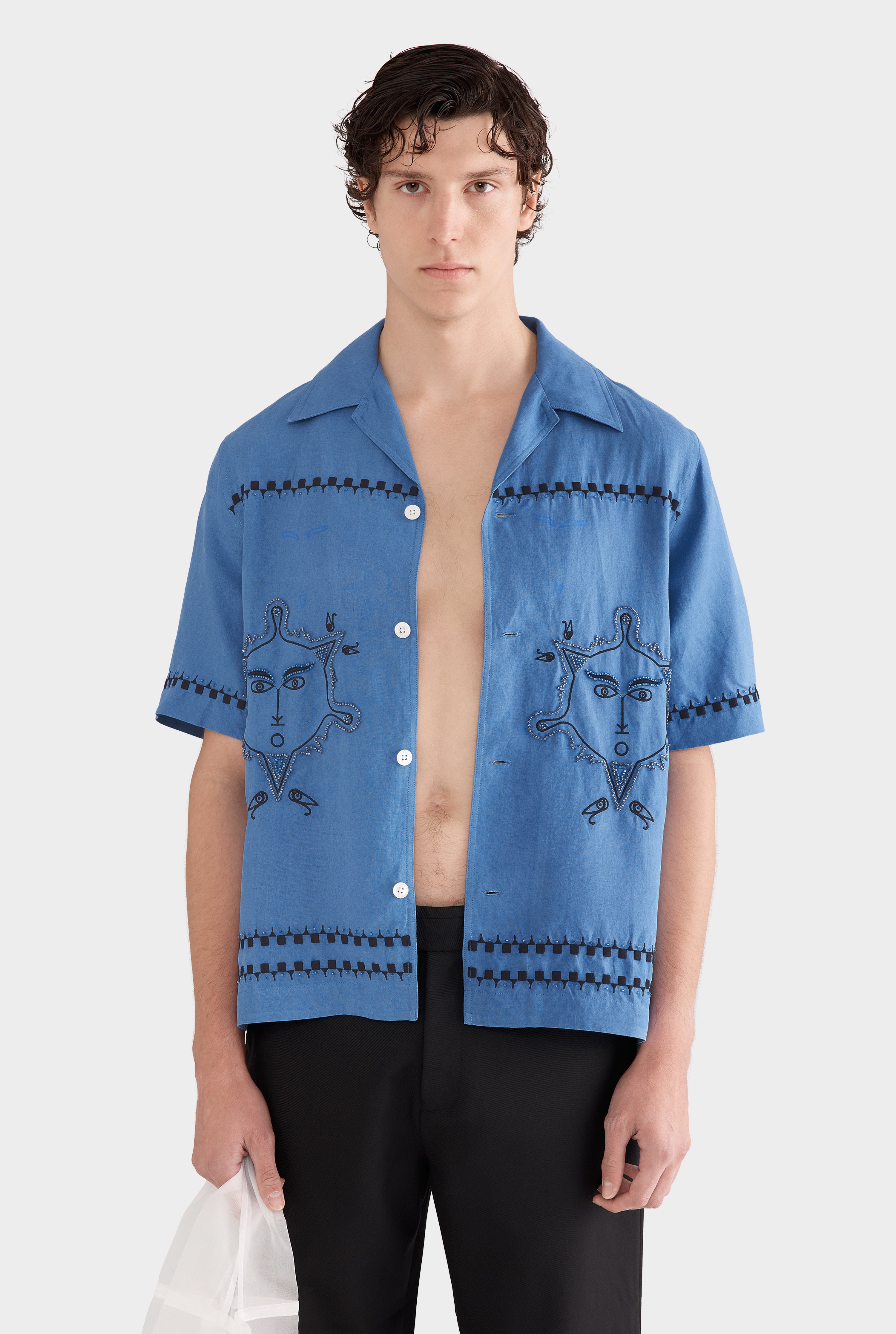 Silk Linen Beaded Boxy Camp Collar Shirt - Regatta Blue