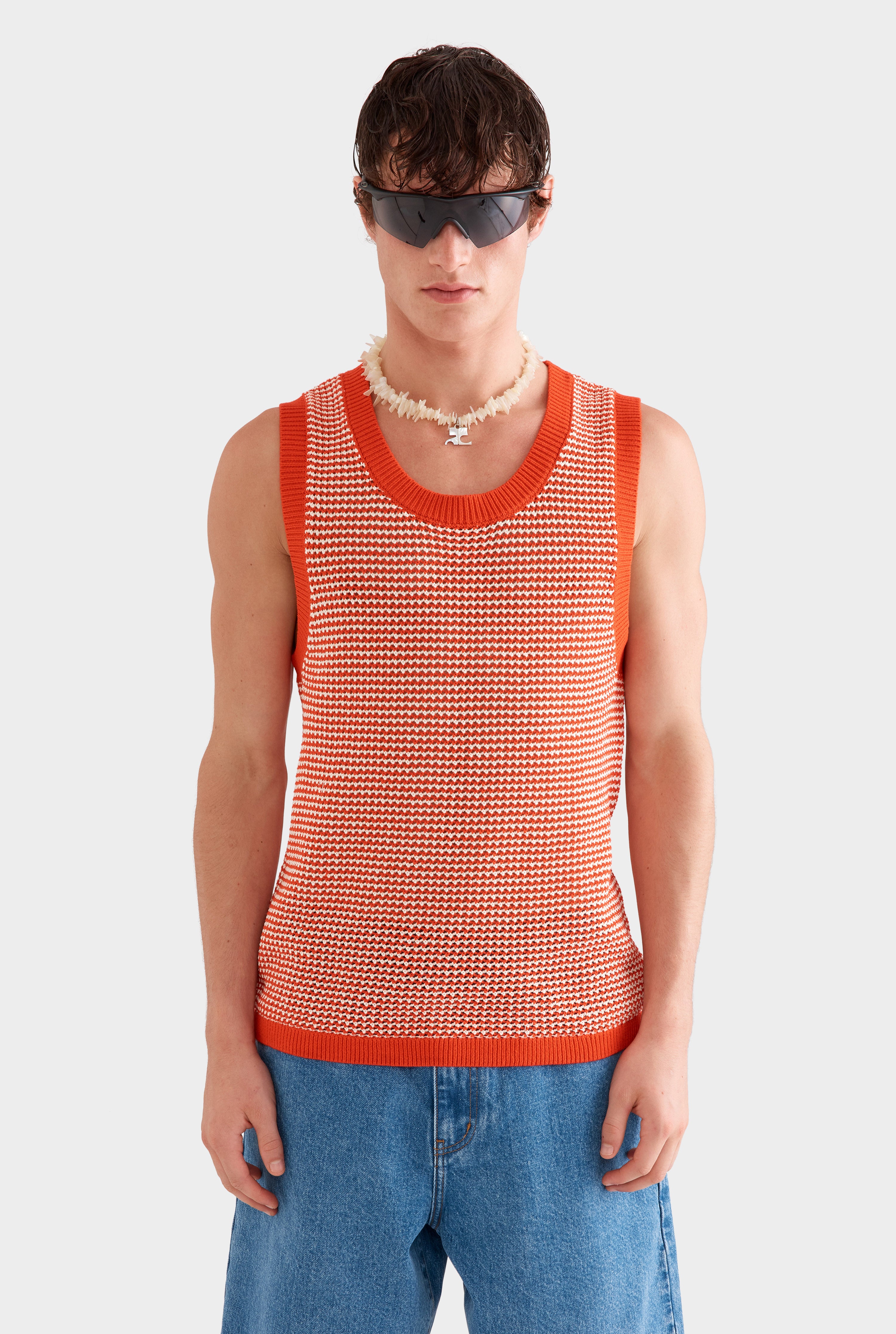 Cotton Crochet Tank -  Bright Red/Off White