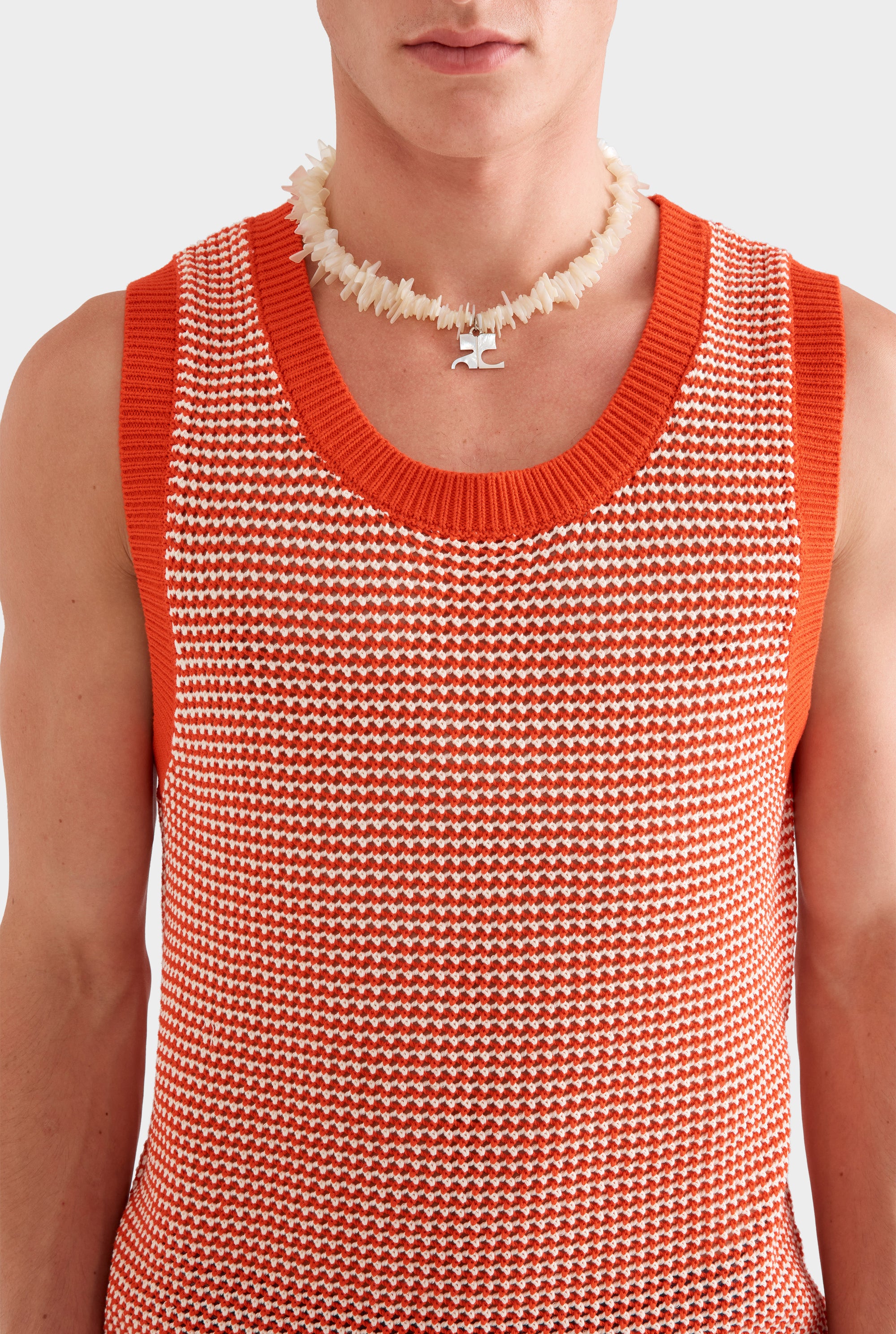 Cotton Crochet Tank -  Bright Red/Off White