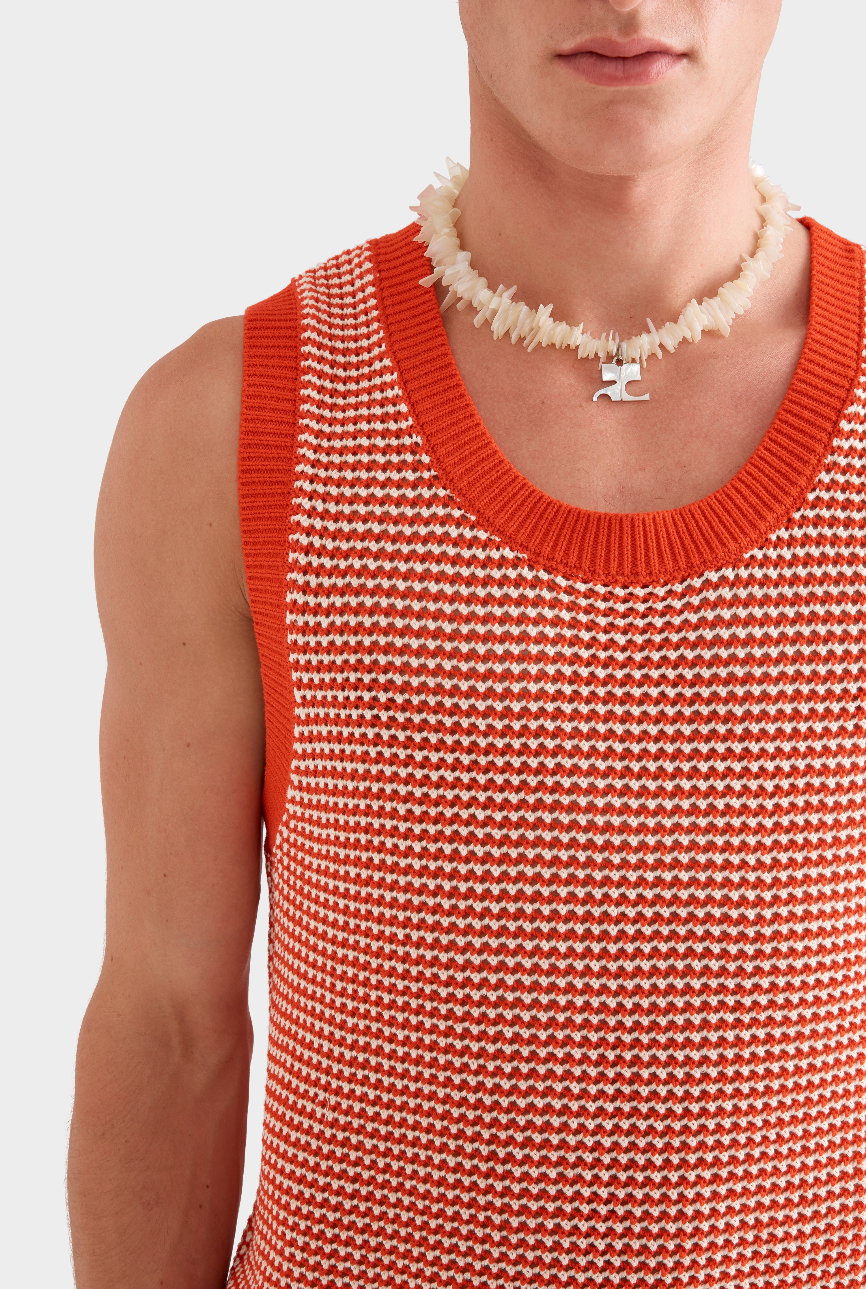 Cotton Crochet Tank -  Bright Red/Off White