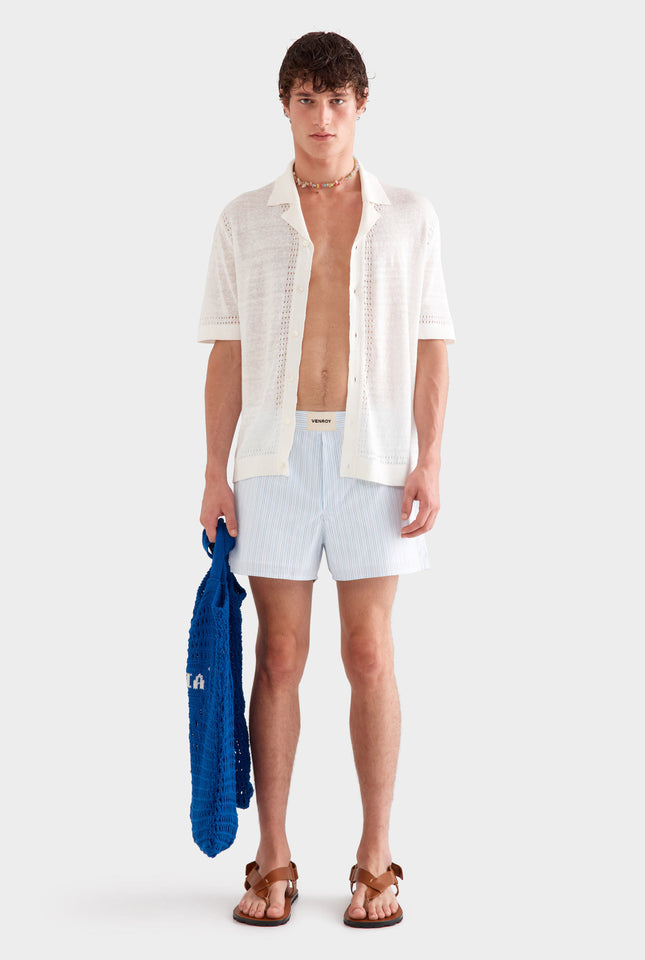 Knitted Contrast Stitch Short Sleeve Shirt -  Off White