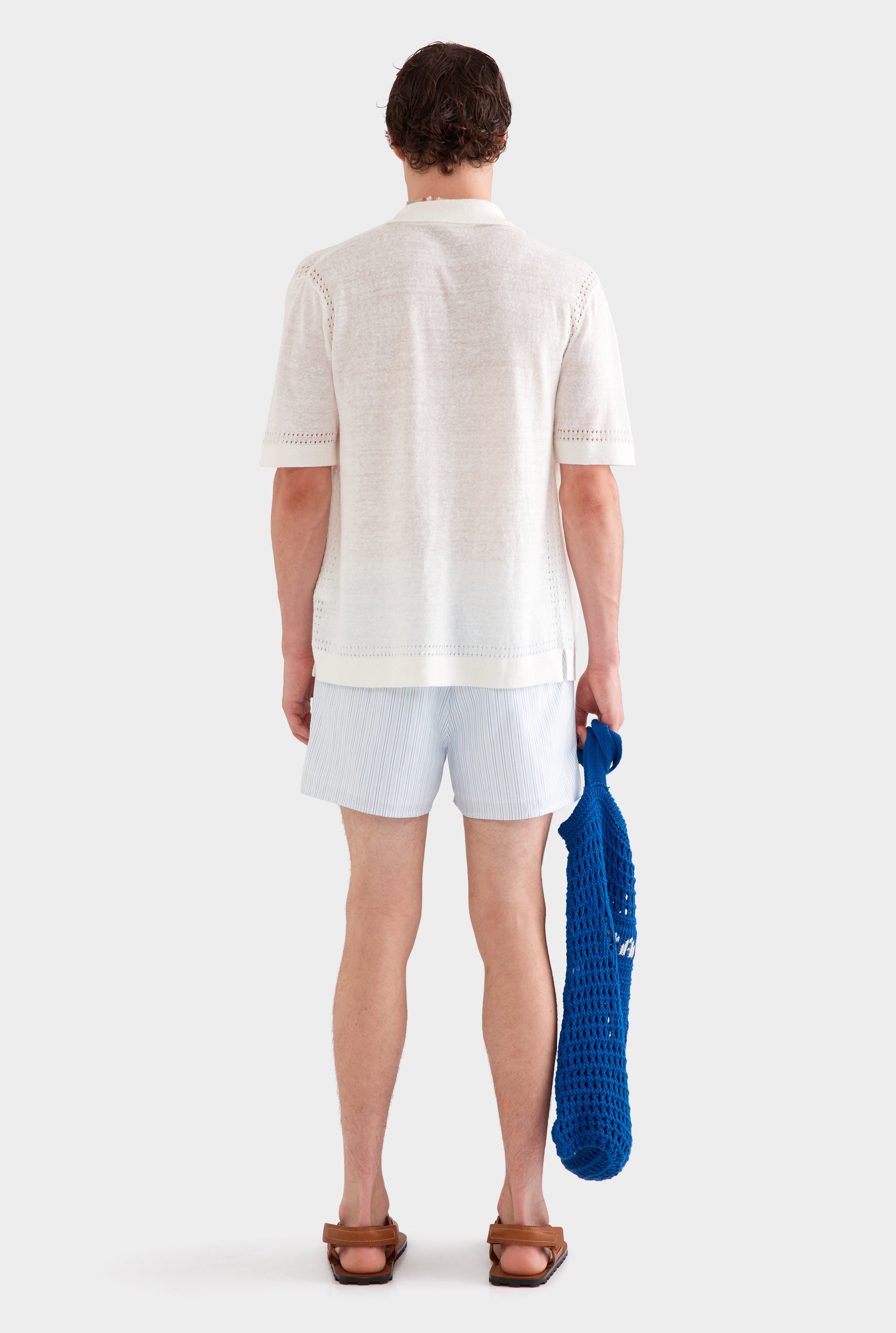 Knitted Contrast Stitch Short Sleeve Shirt -  Off White