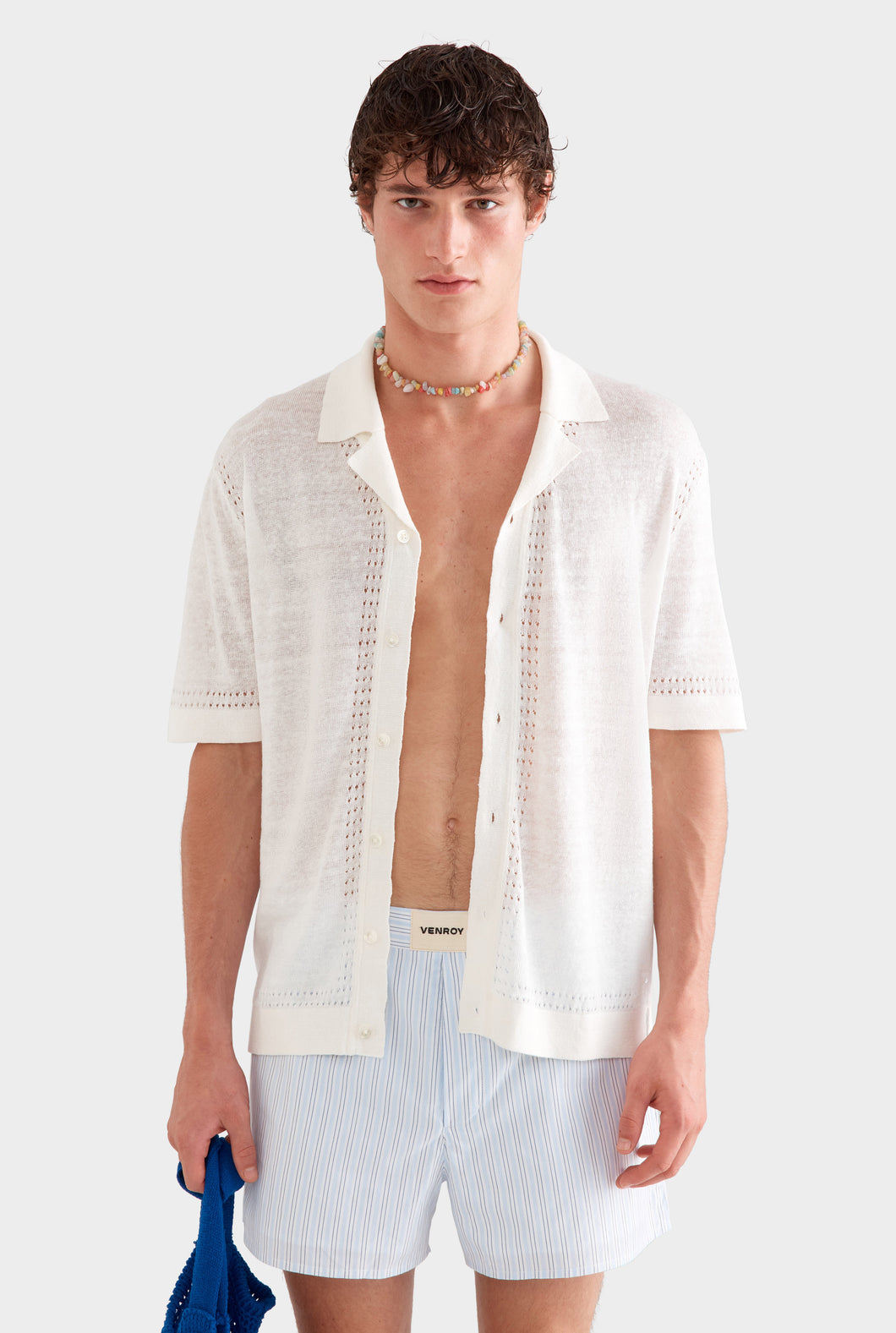 Knitted Contrast Stitch Short Sleeve Shirt -  Off White