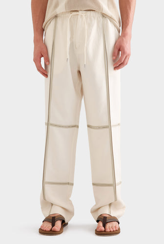 Silk Linen Contrast Bind Trouser - Cream/Pistachio Shell