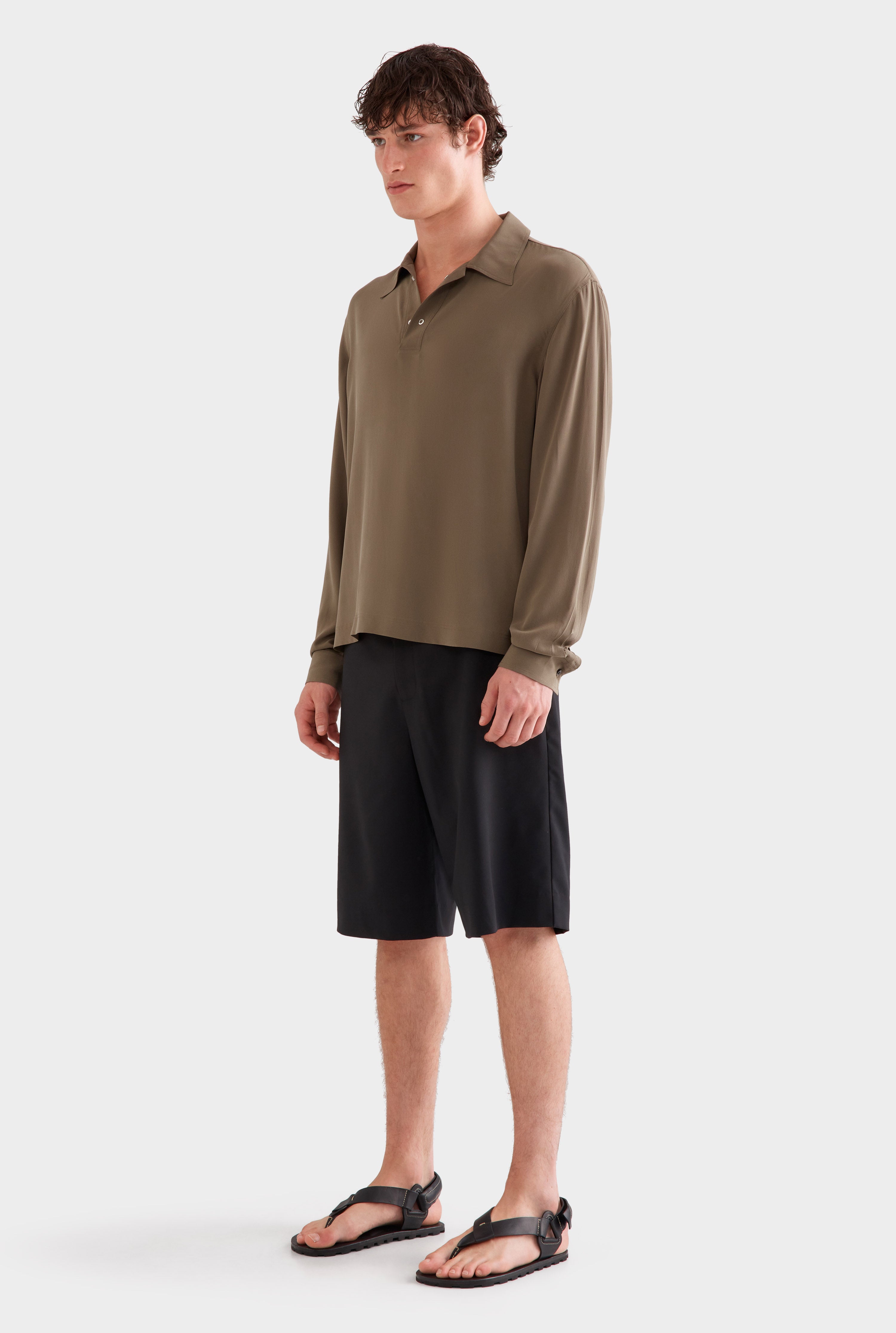 Long Sleeve Silk Boxy Pop Over -  Olive