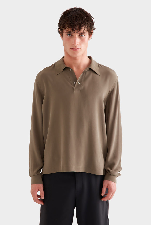 Long Sleeve Silk Boxy Pop Over -  Olive