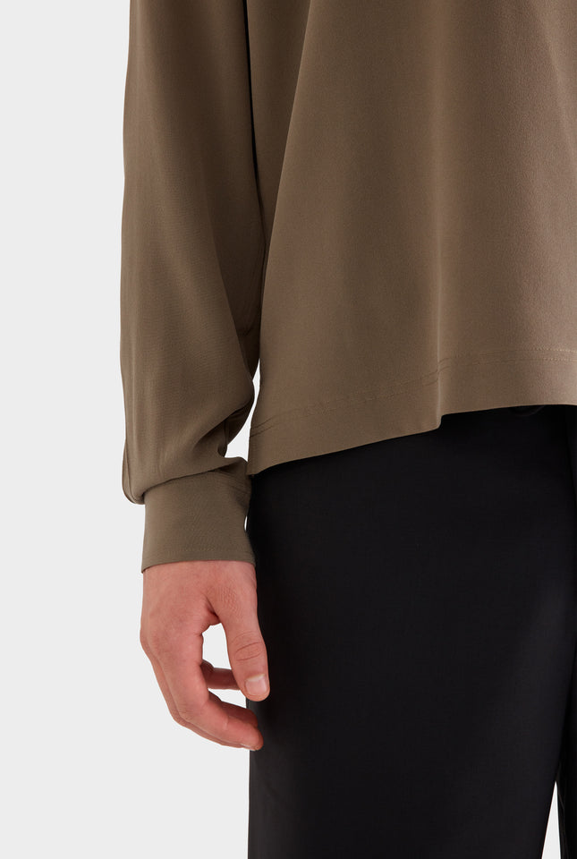 Long Sleeve Silk Boxy Pop Over -  Olive