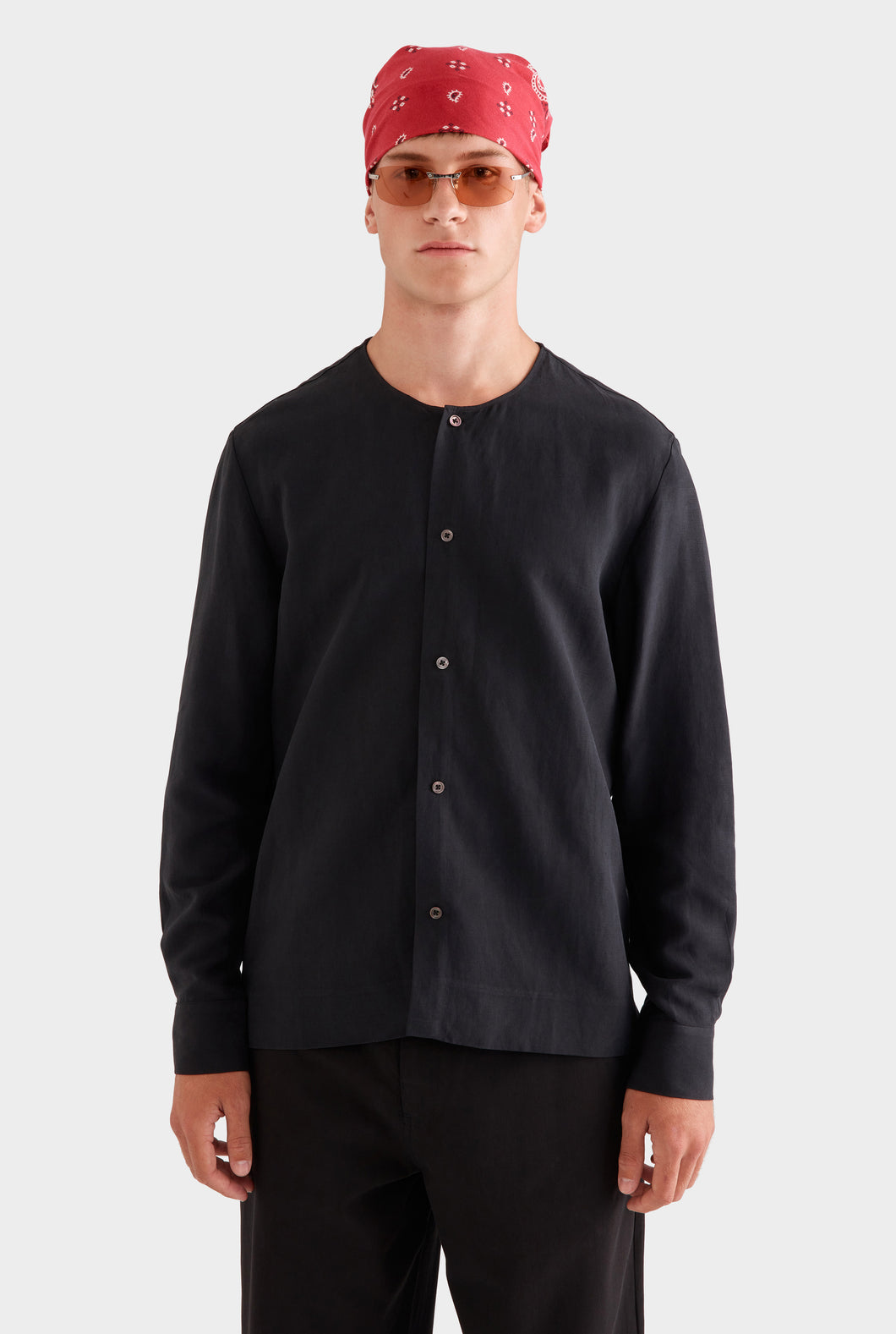 Long Sleeve Silk Linen Collar Short Sleeve Shirt - Black