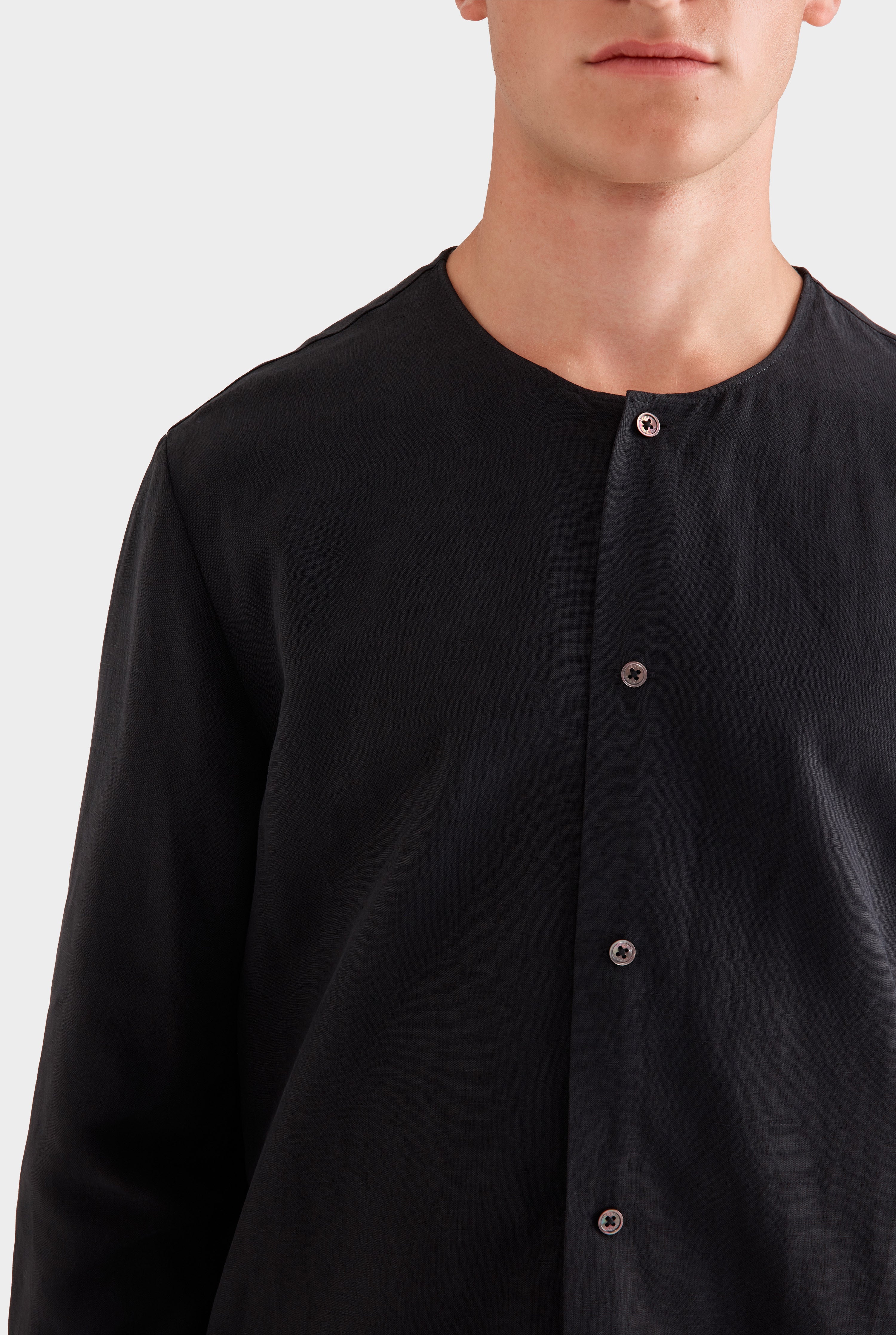 Long Sleeve Silk Linen Collar Short Sleeve Shirt - Black