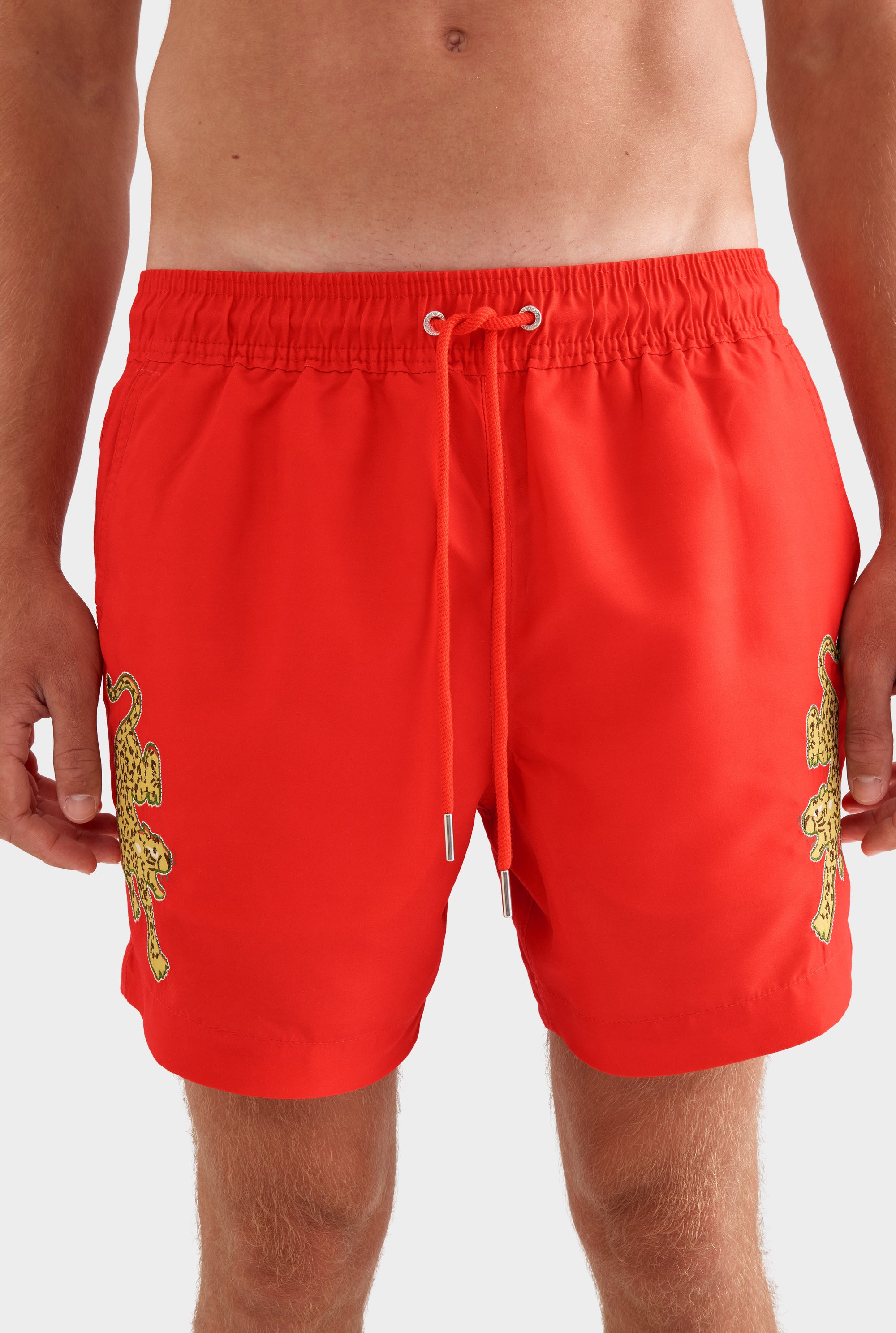 Printed Swim Short -  Bright Red/Jaguar Embroidery