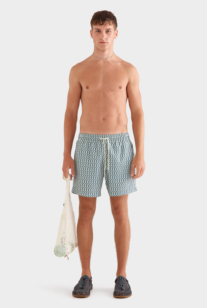 Printed Swim Short - Off White Grecian Coins