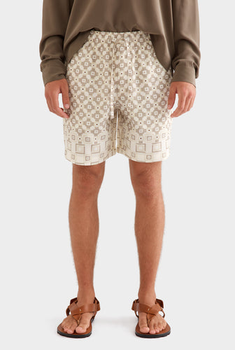 Printed Tencel Lounge Short - Beige Geo