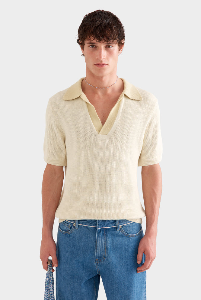 Relaxed Cotton Knit Open Neck Polo - Sage/Light Jade
