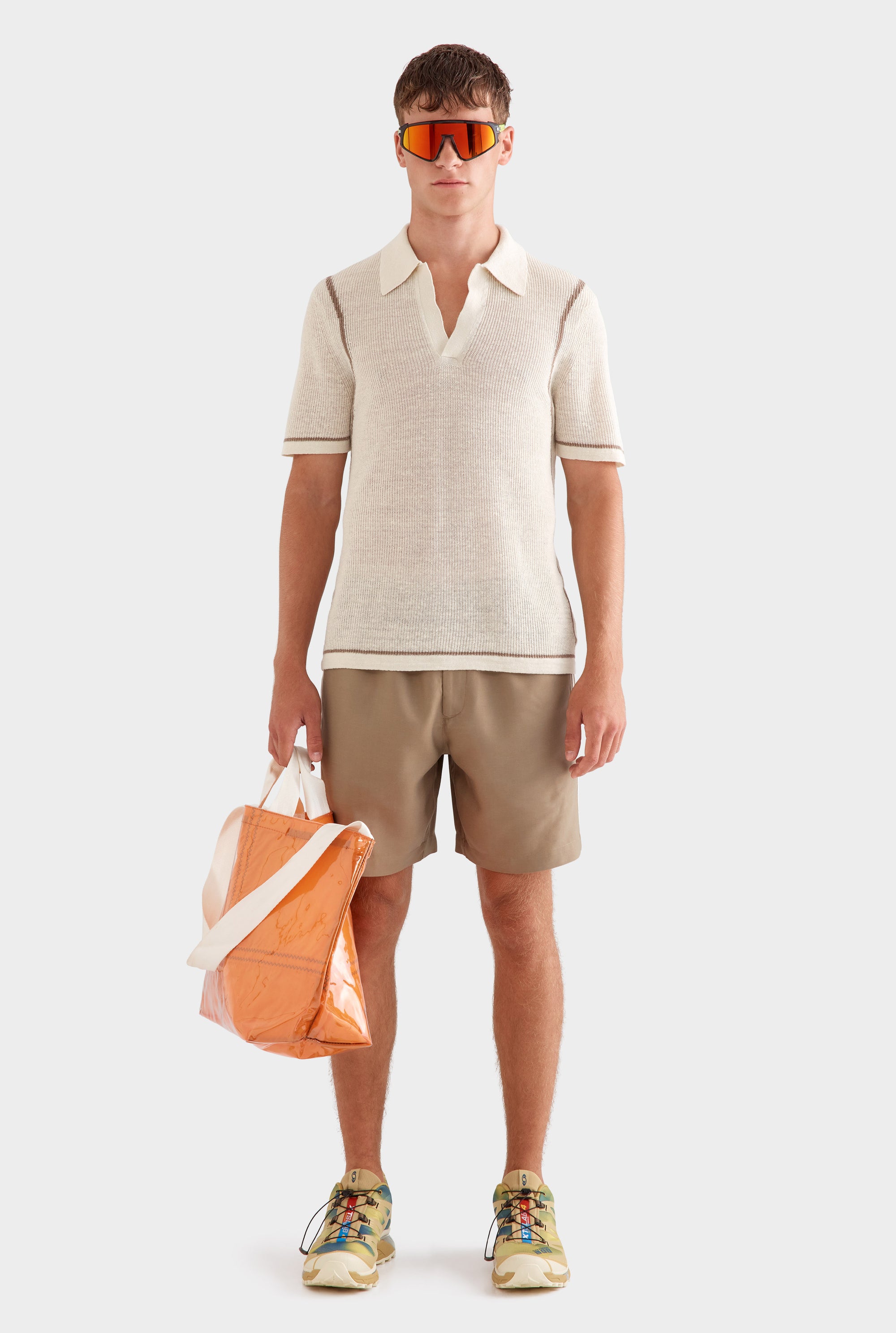 Rib Knit Open Neck Polo -  Cream/Pebble