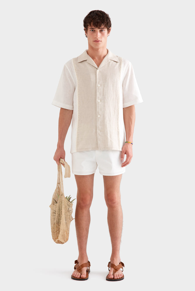 Short Sleeve Panelled Crochet Stitch Shirt -  Sand/Off White